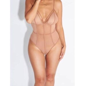 Jlux label tan nude mesh sheer bodysuit